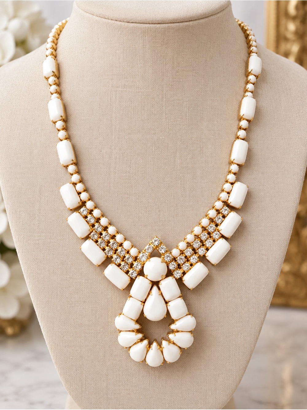Vintage Milk Glass Rhinestone Statement Necklace Gold Tone